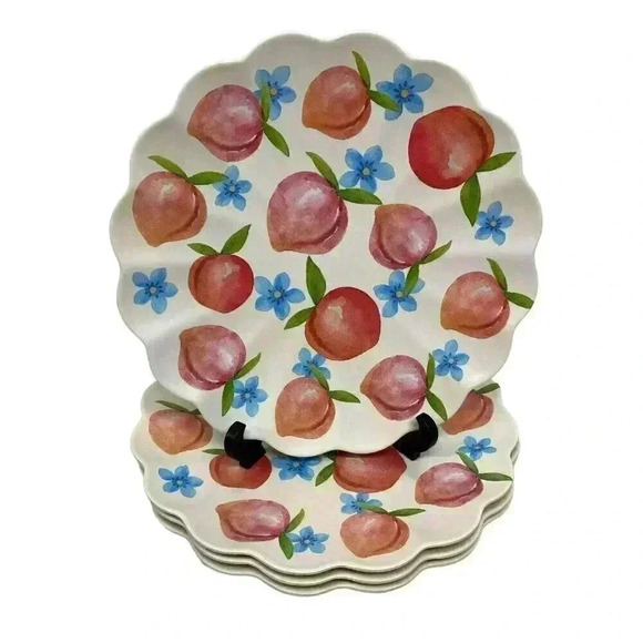 C&C California Home Scalloped Edge Dinner Plates 11" Peaches & Blue Flowers Set - Picture 2 of 5